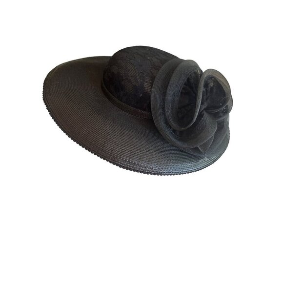Elegant Black Wide-Brimmed Hat With Lace & Bow Detail - Picture 1 of 6